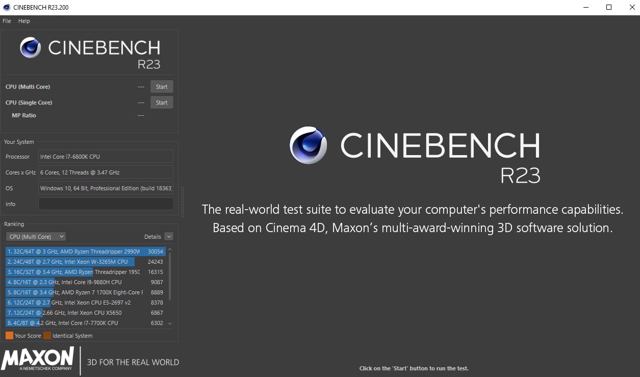 Teste Cinebench de benchmark no PC