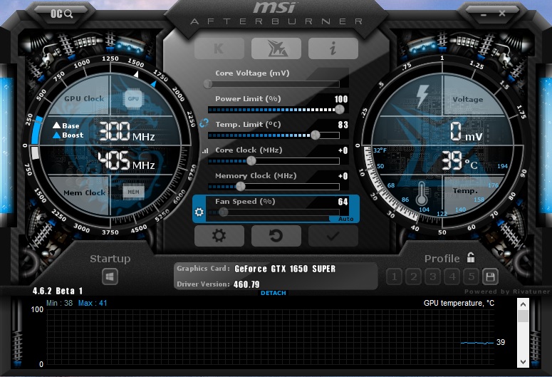 Interface de monitorização do hardware pelo MSI Afterburner