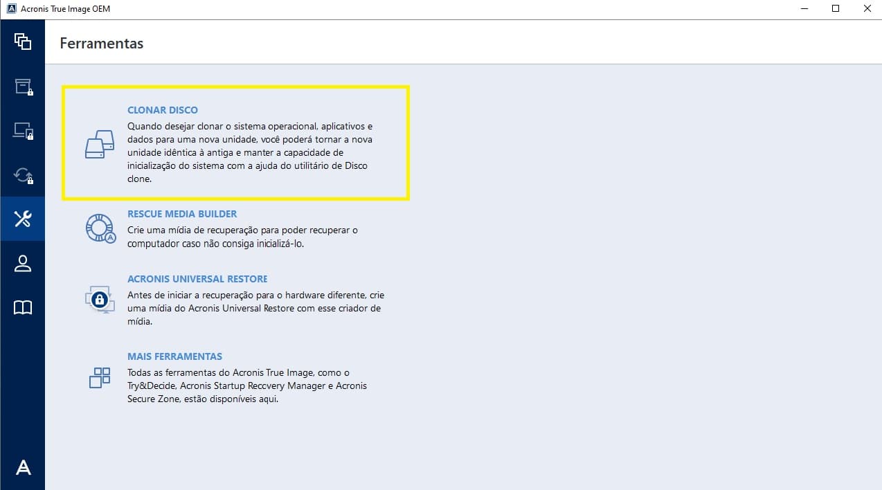 Acronis opção clonar disco