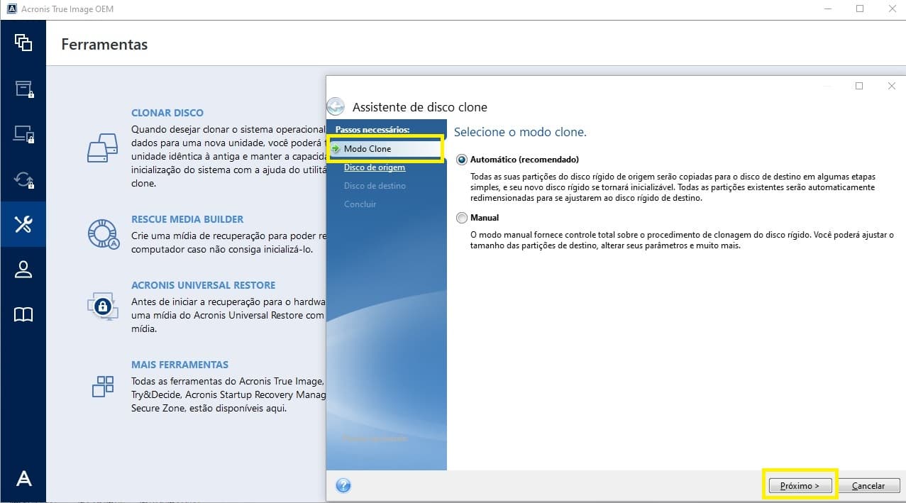 Acronis True image clonagem automática