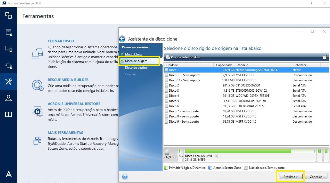 Acronis True Image disco de origem