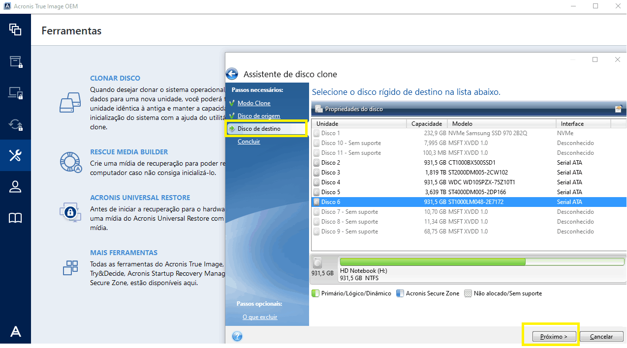 Acronis True Image disco de destino
